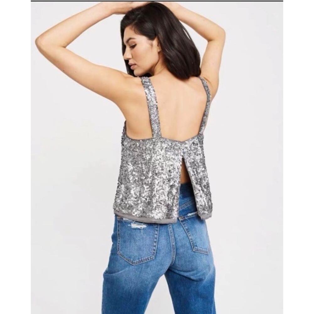 Abercrombie & Fitch Sequin Cropped Tank Top XS Silver Open Back Sparkly - Picture 2 of 12